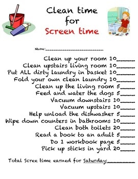 Chore Chart For Screen Time By Jennifer101905 Teachers Pay Teachers
