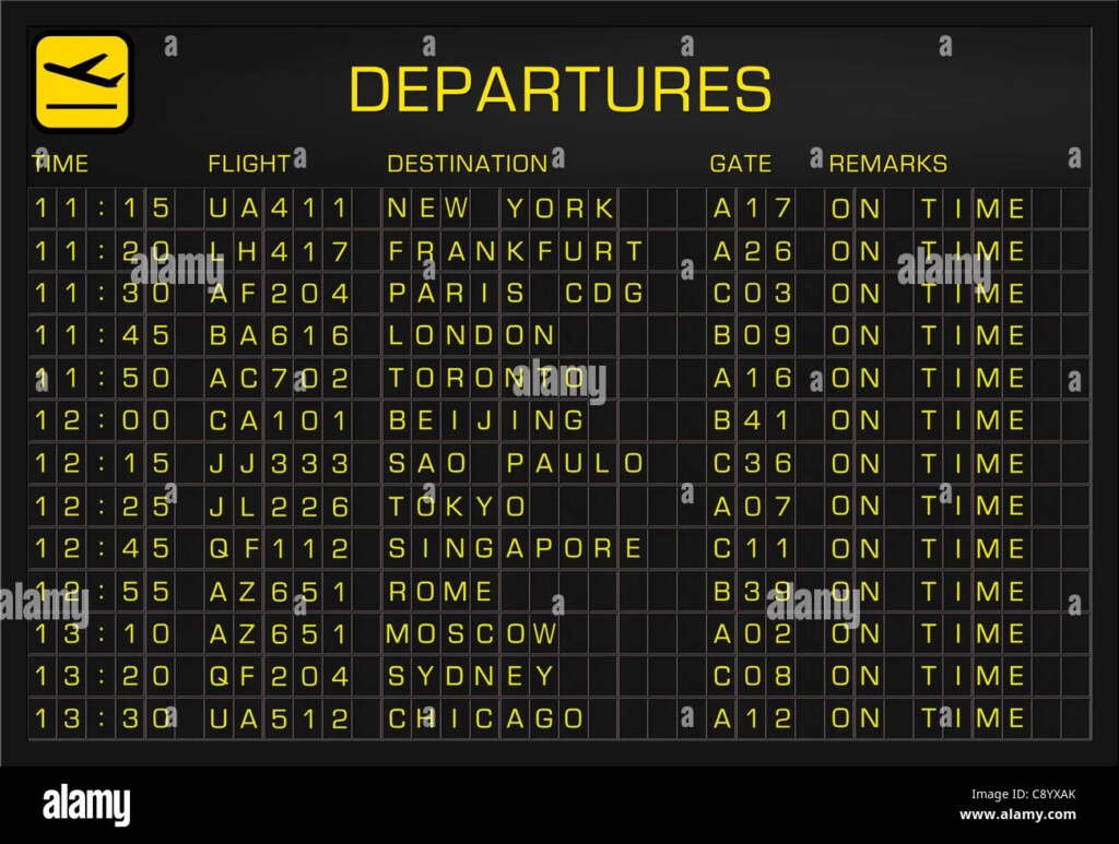 International Airport Timetable Departures All Flights On Time Stock 