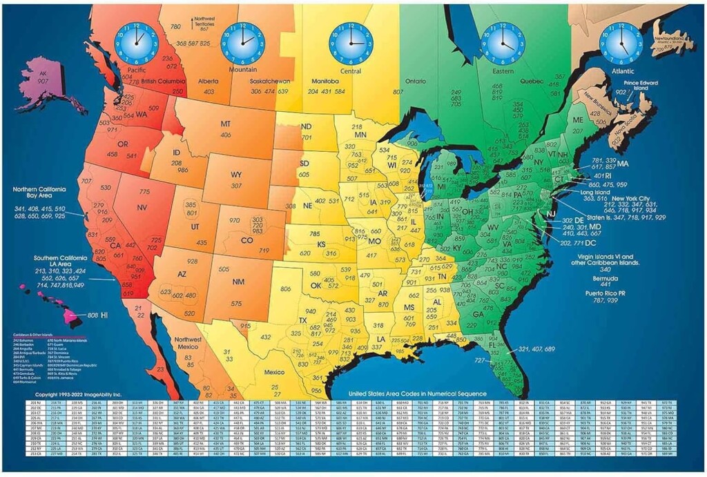 North America Laminated Gloss Full Color Time Zone Area Code Map 
