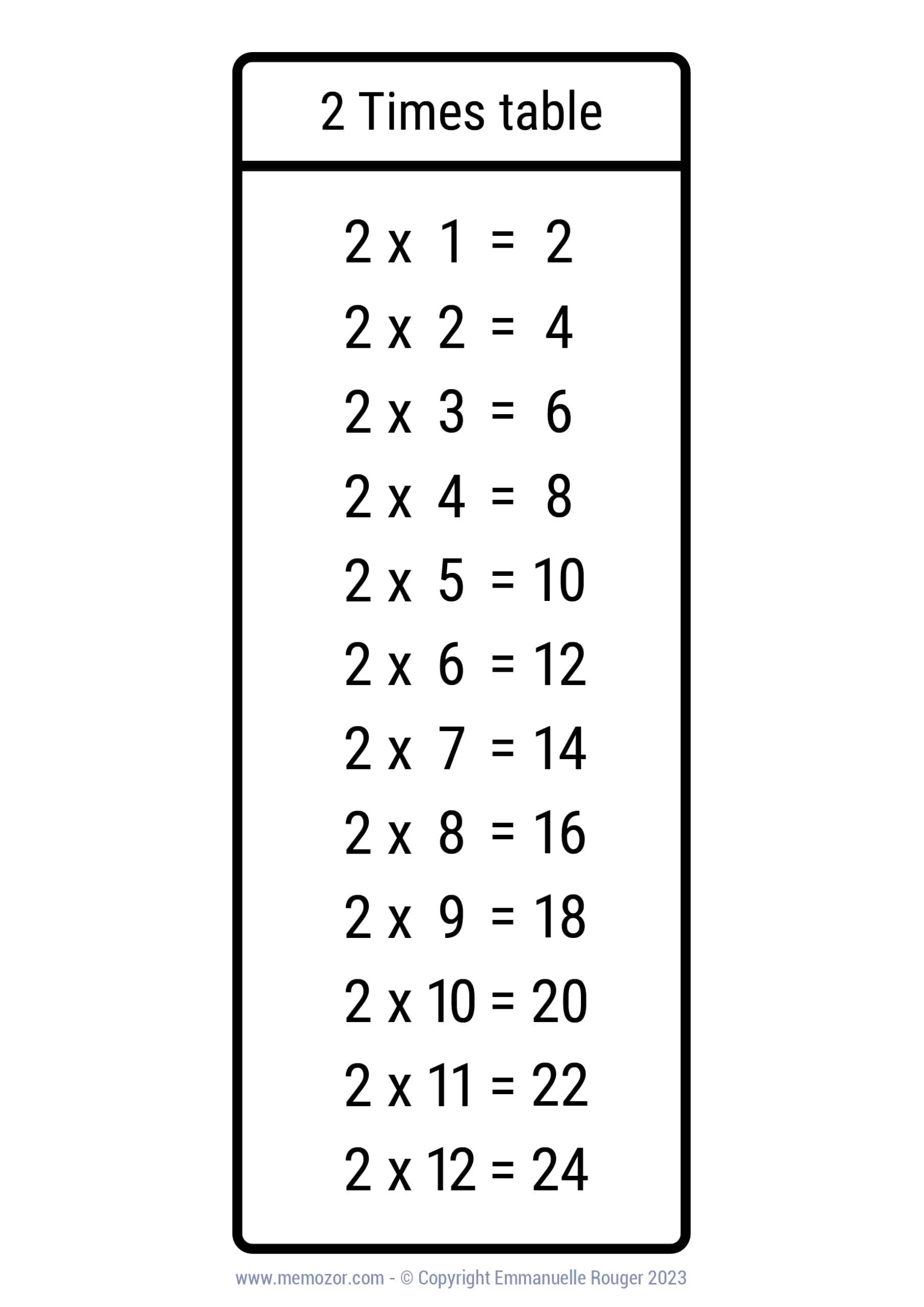 Pretty 2 Times Table Chart Print For Free many Colors Memozor