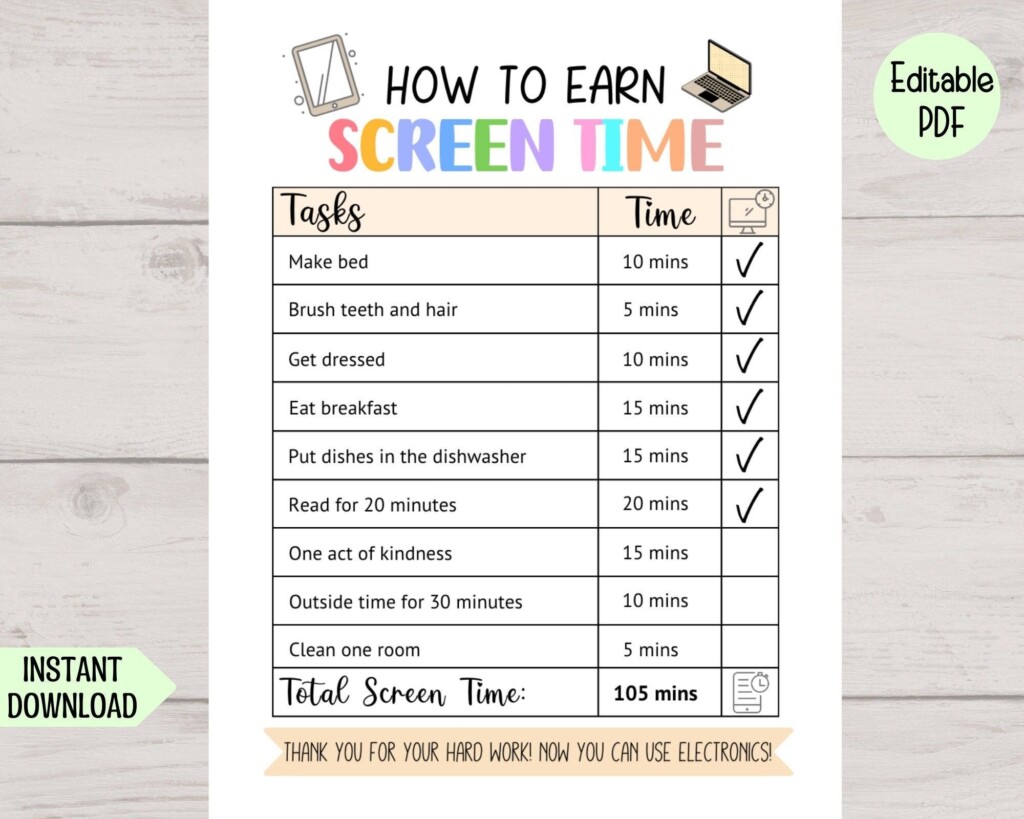 Screen Time Chart Checklist Editable Printable Screen Time Chore Chart 